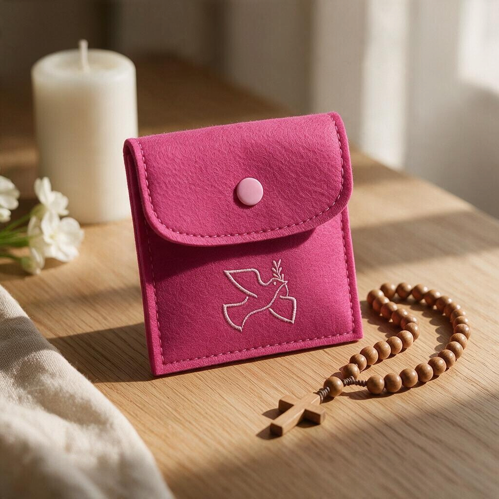 Rosenkranztasche aus pinkem Filz mit Taube auf Holztisch, daneben Holz-Rosenkranz, Kerze und weiße Blumen
