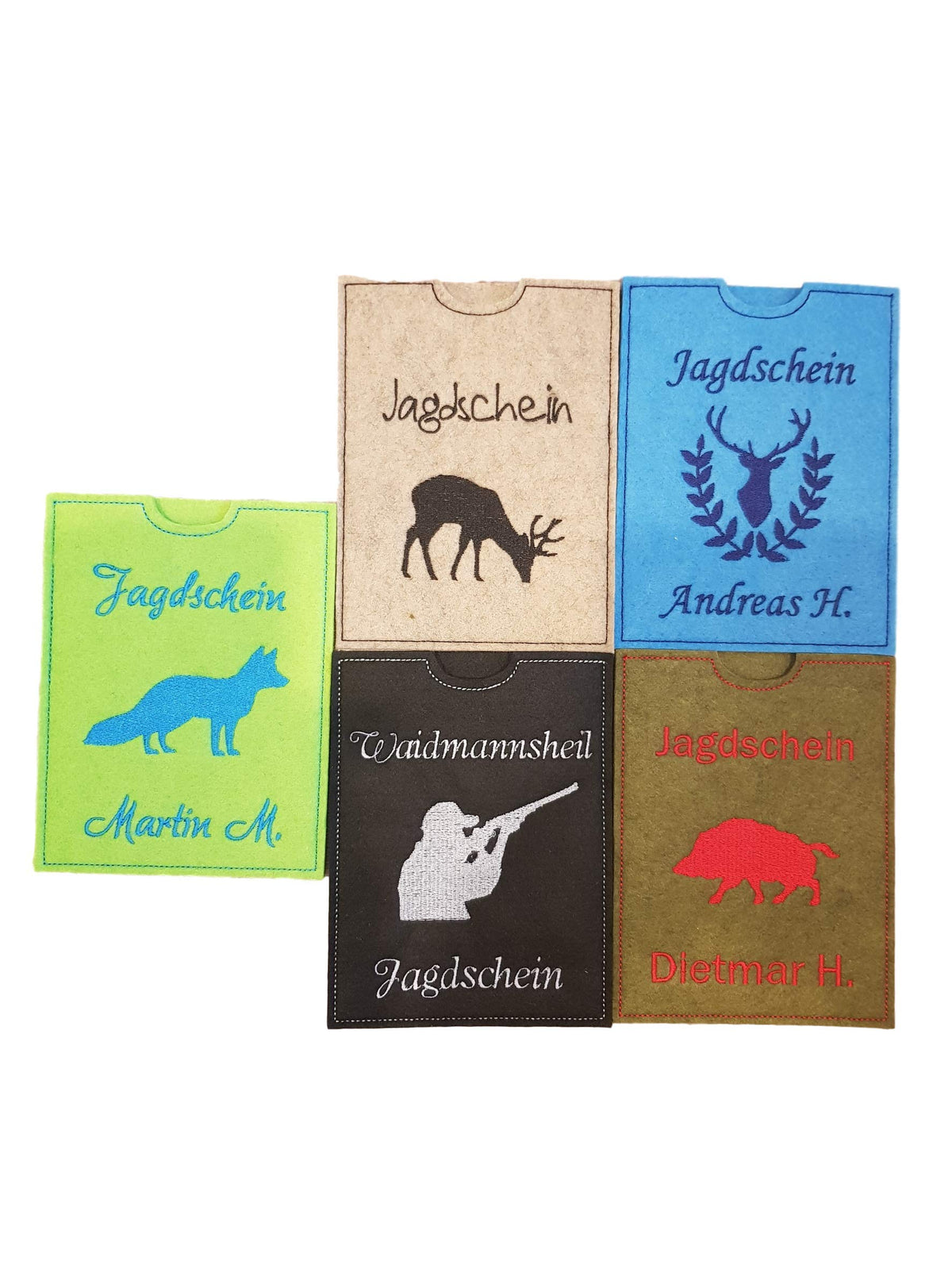 Bestickte Jagdscheinhüllen aus Filz mit Reh, Hirsch, Fuchs, Jäger und Wildschwein