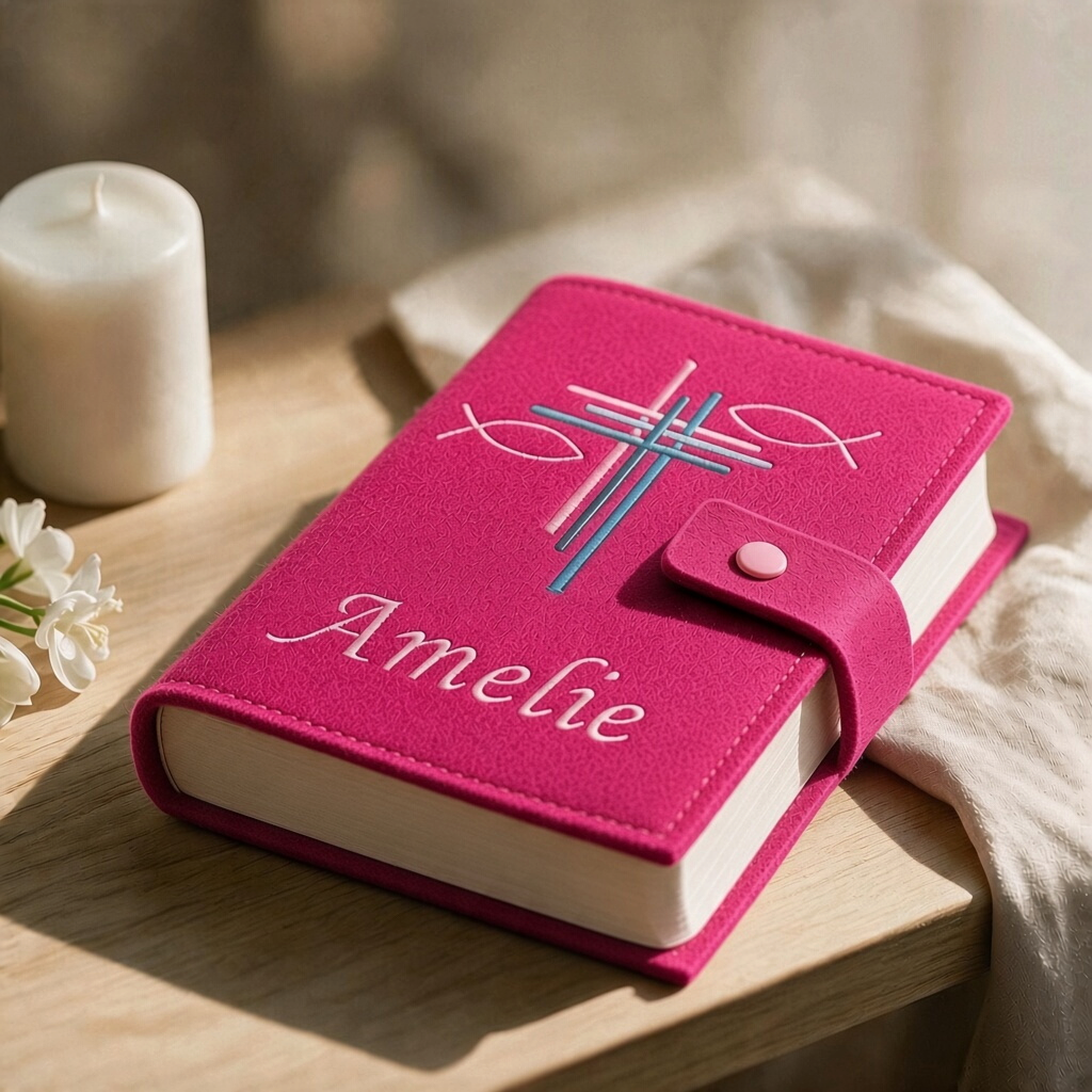 Gotteslobhülle aus pinkem Filz mit Kreuz und Name Amelie auf Holztisch neben Kerze und weißen Blumen
