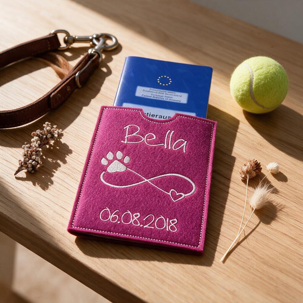 Heimtierausweishülle aus pinkem Filz mit Pfote und Name Bella, mit EU-Heimtierausweis, auf Holztisch neben Hundeleine und Tennisball
