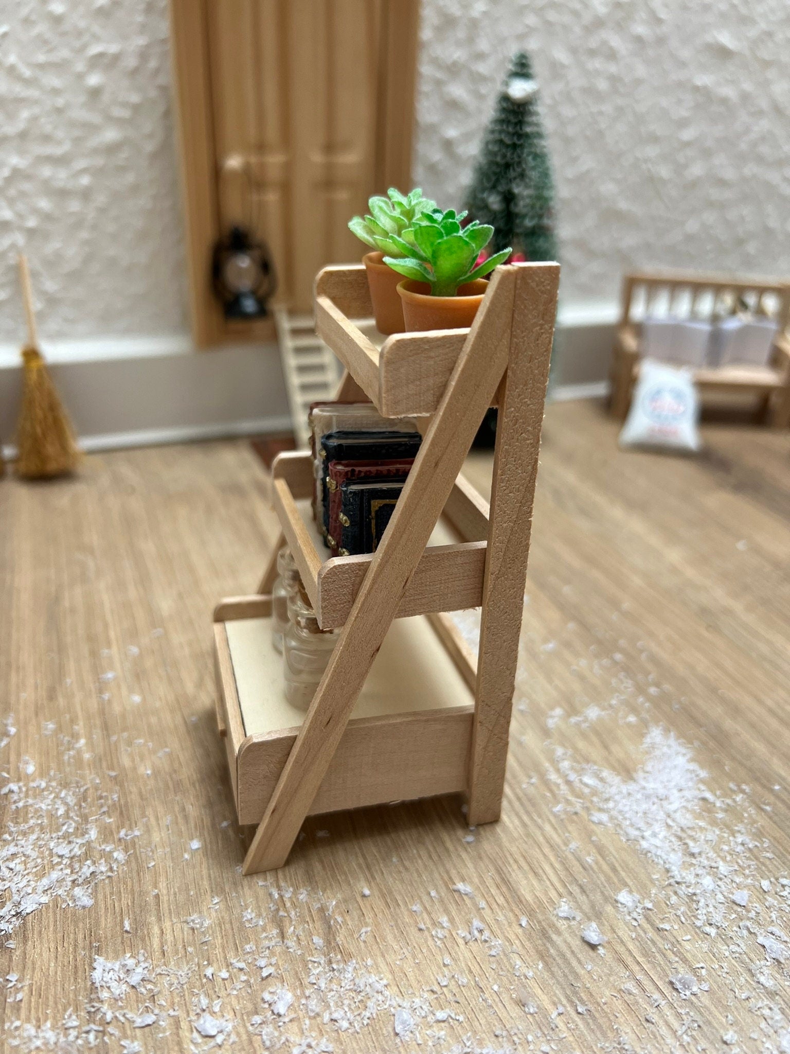 Wichtel Leiter Regal Miniatur Treppenregal Stufenregal aus Holz mit Schublade