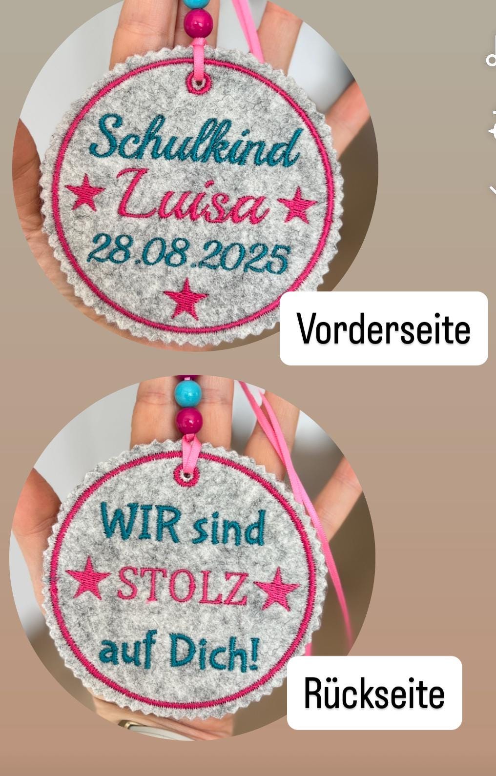 Personalisierter Anhänger für Schultüte |mit Name des Kindes und Datum der Einschulung hochwertig bestickt | zum Befestigen an Schultüte