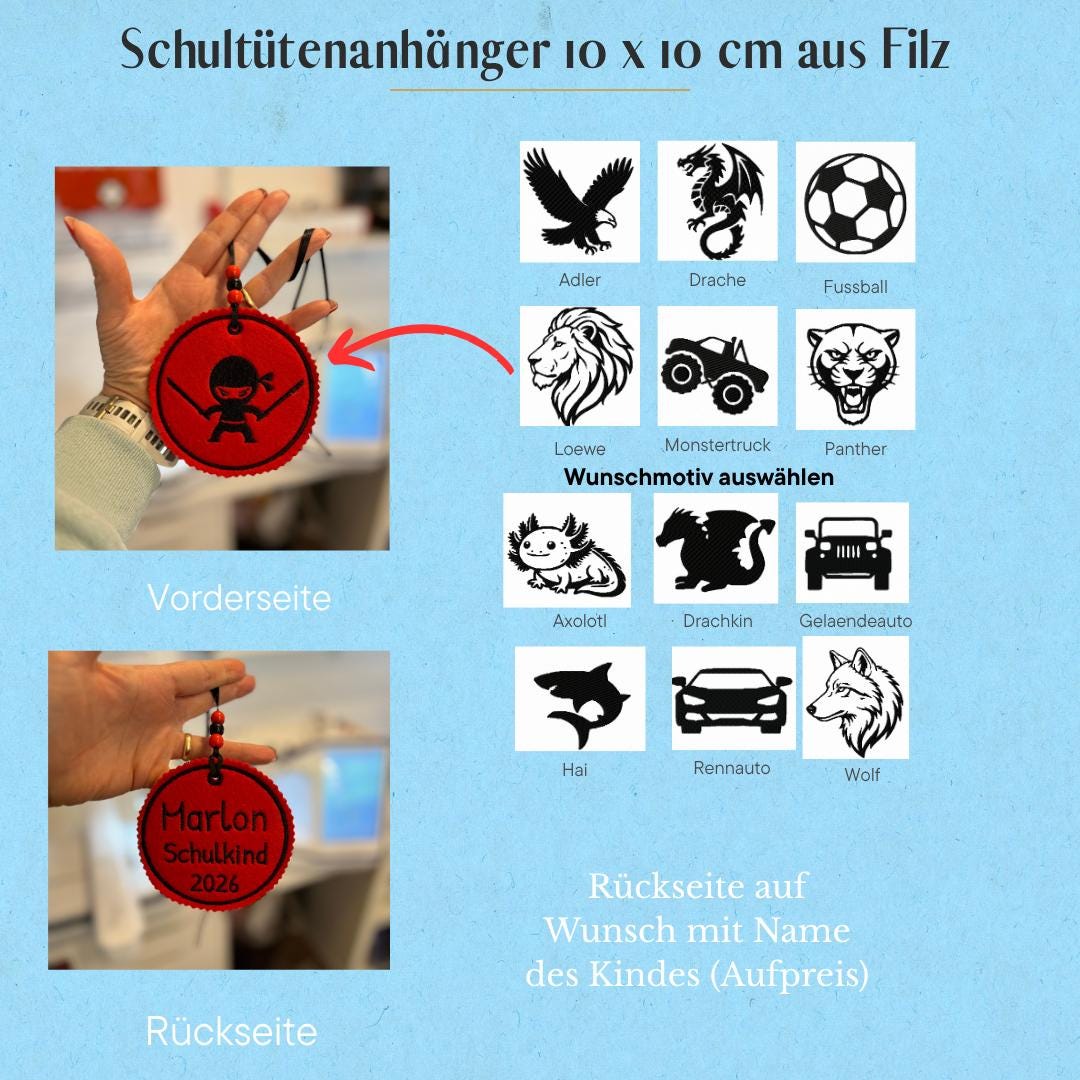 Personalisierter Anhänger für Schultüte |mit Name und Motiv hochwertig bestickt | zum Befestigen an der Schultüte oder Schulranzen Tornister
