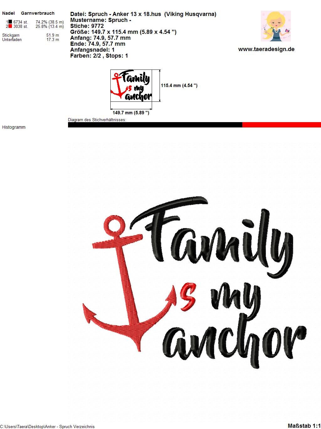 Stickdatei Spruch - Anker S99 Family is my anchor - Anker