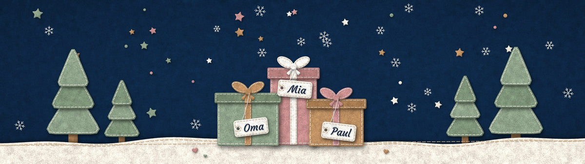 Drei Geschenke aus Filz mit bestickten Namensanhängern Oma, Mia und Paul
