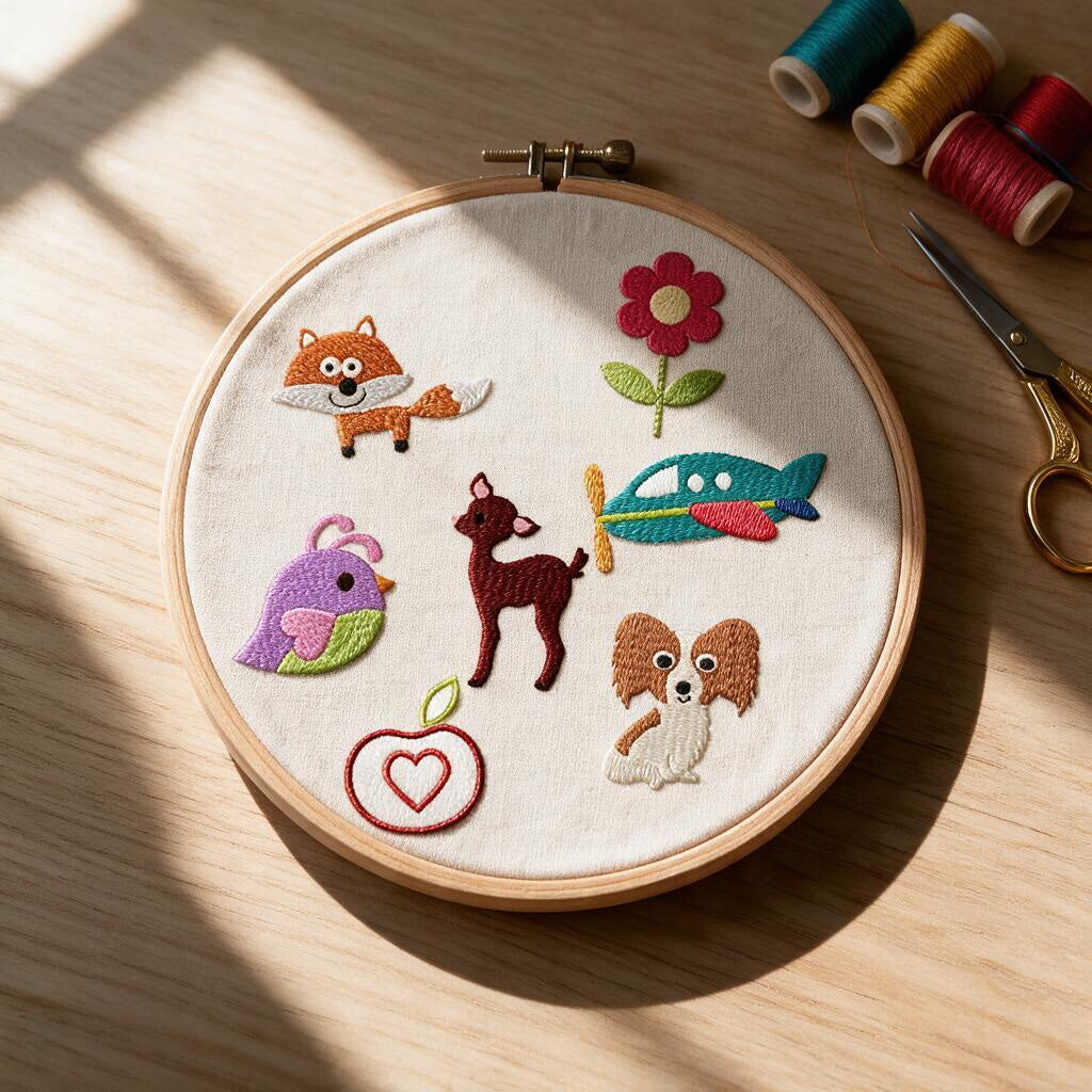Stickdateien von Taeradesign: Stickrahmen mit gestickten Motiven (Fuchs, Blume, Vogel, Reh, Flugzeug, Apfel, Hund) neben Garnrollen und Schere