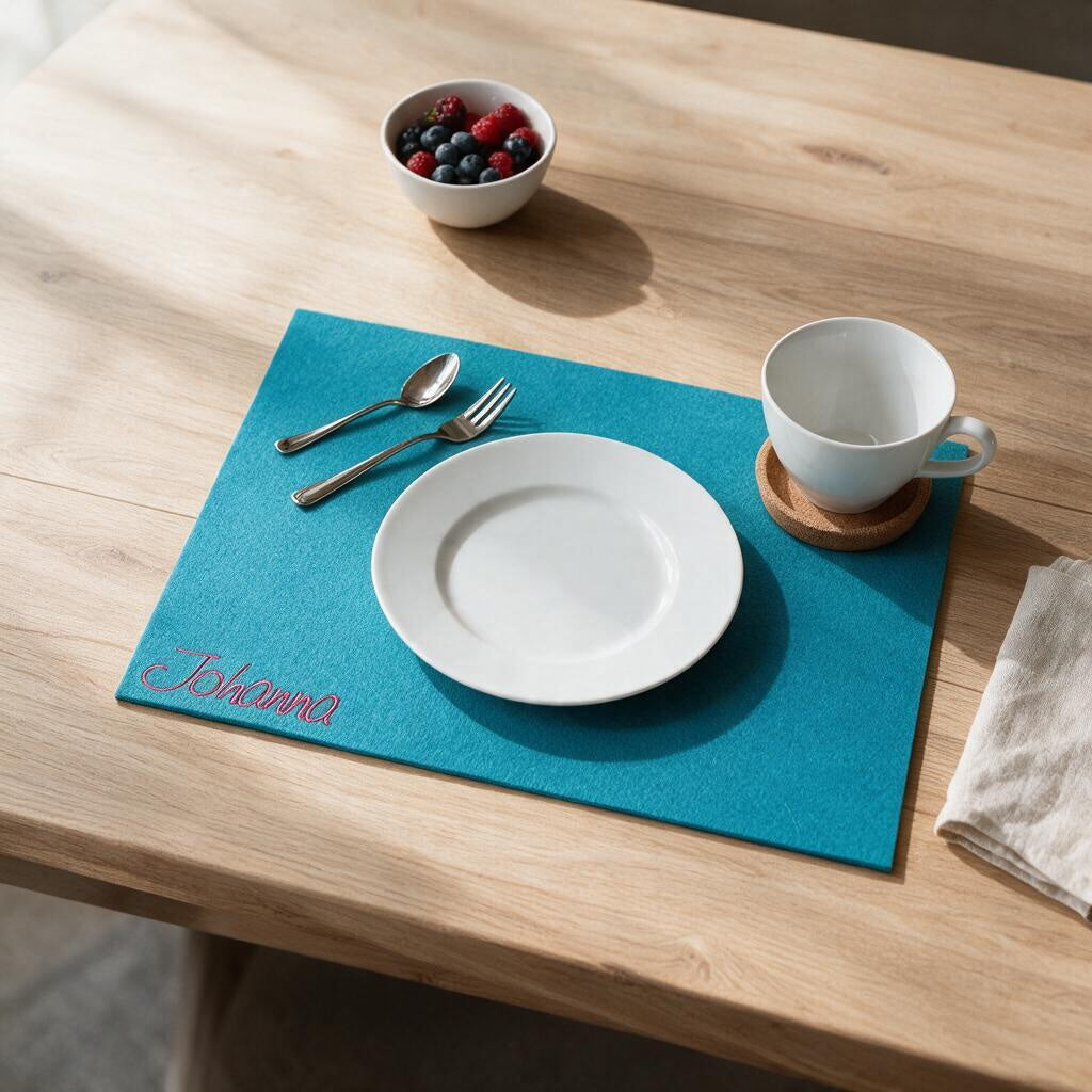 Tischset aus türkisem Filz mit gesticktem Namen Johanna, gedeckt mit Teller, Tasse und Besteck auf Holztisch