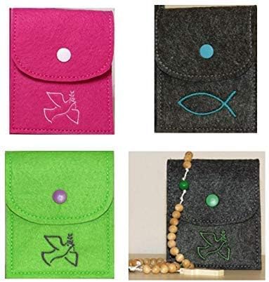 Rosenkranztaschen aus Filz in Pink, Grün und Grau mit gestickter Taube oder Fisch, eine mit Rosenkranz