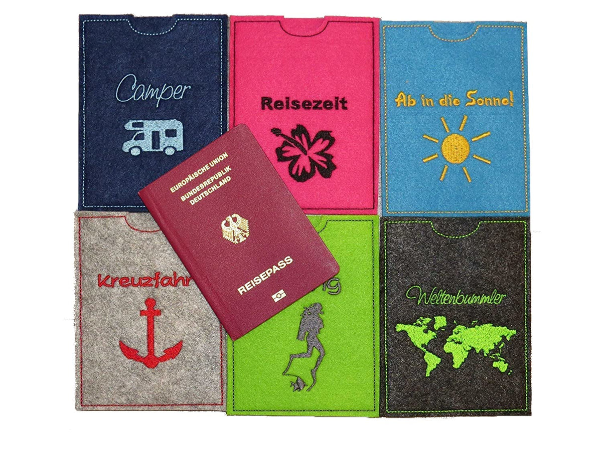 Reisepasshüllen aus Filz in sechs Farben mit Reisemotiven und Reisepass