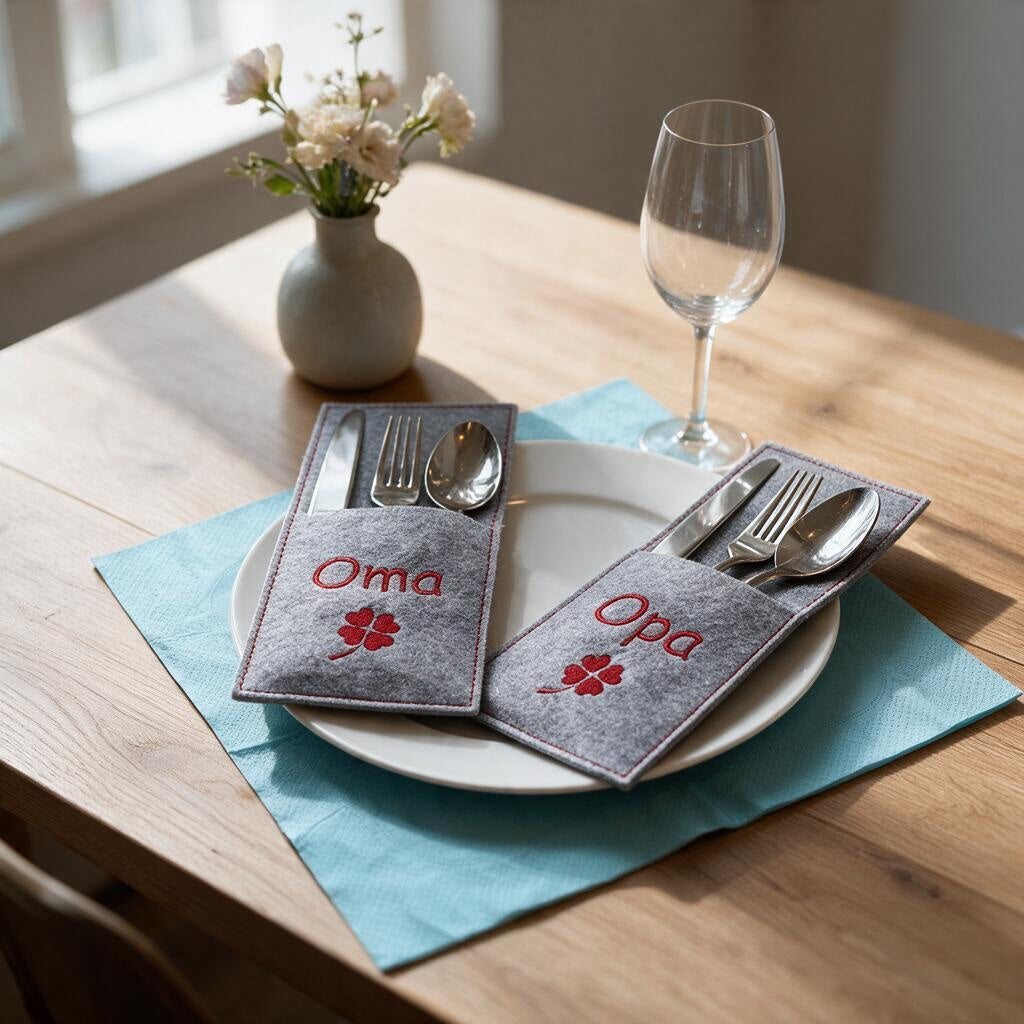 Zwei Bestecktaschen aus grauem Filz mit „Oma“ und „Opa“ und rotem Kleeblatt auf Teller, festlich gedeckter Holztisch