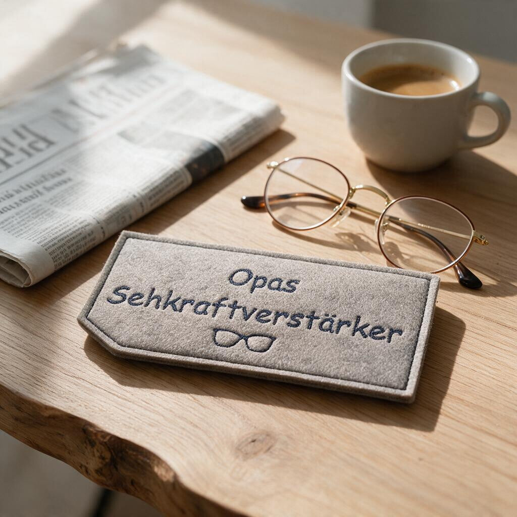 Brillenetui aus grauem Filz mit Aufschrift „Opas Sehkraftverstärker“ auf Holztisch neben Lesebrille, Zeitung und Kaffeetasse