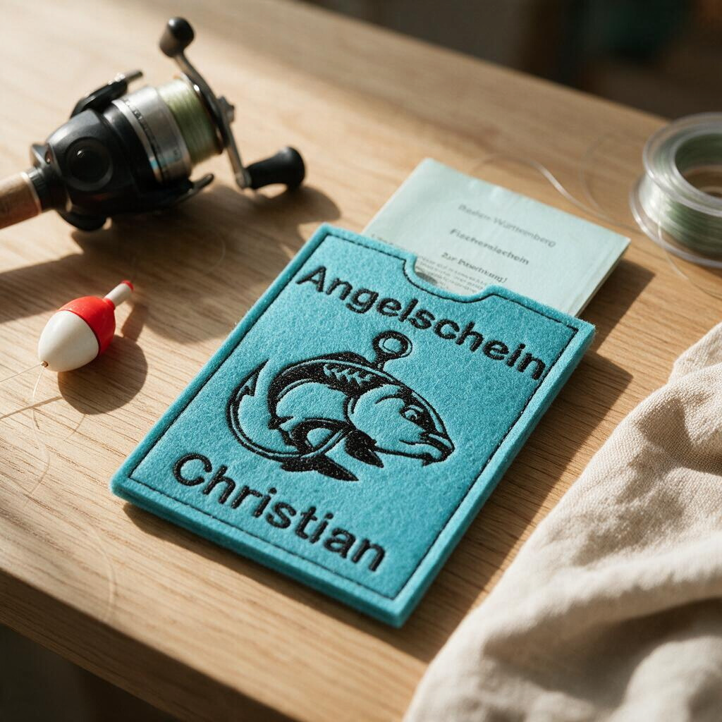Angelscheinhülle türkis mit Karpfen und Name Christian auf Holztisch neben Angelrolle und Pose