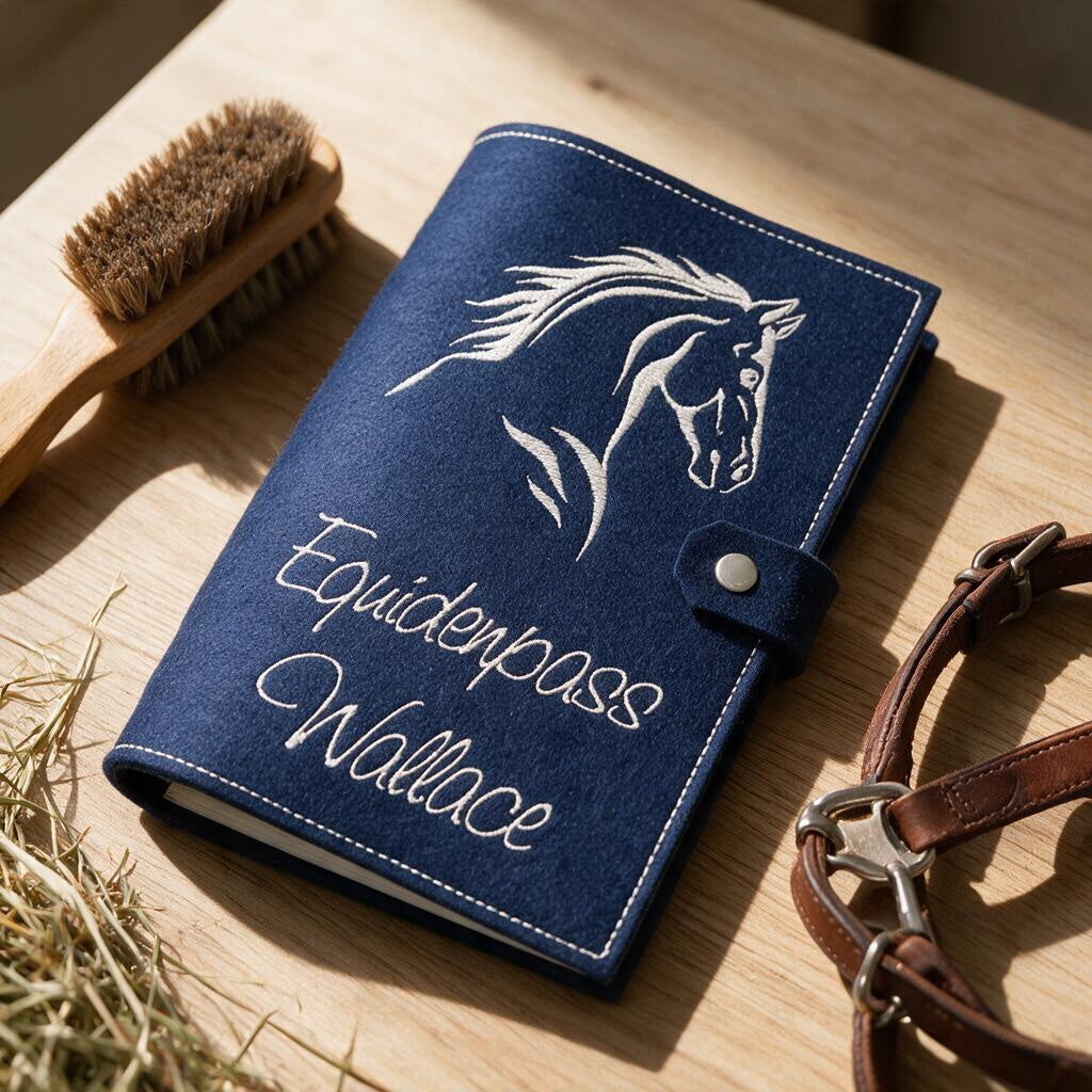 Equidenpasshülle aus dunkelblauem Filz mit Pferdekopf und Schriftzug Equidenpass Wallace auf Holztisch neben Pferdebürste und Heu