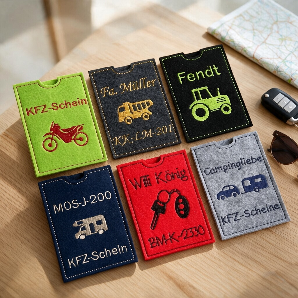 Sechs bestickte Fahrzeugscheinhüllen aus Filz mit Fahrzeugmotiven auf Holztisch neben Autoschlüssel, Sonnenbrille und Straßenkarte