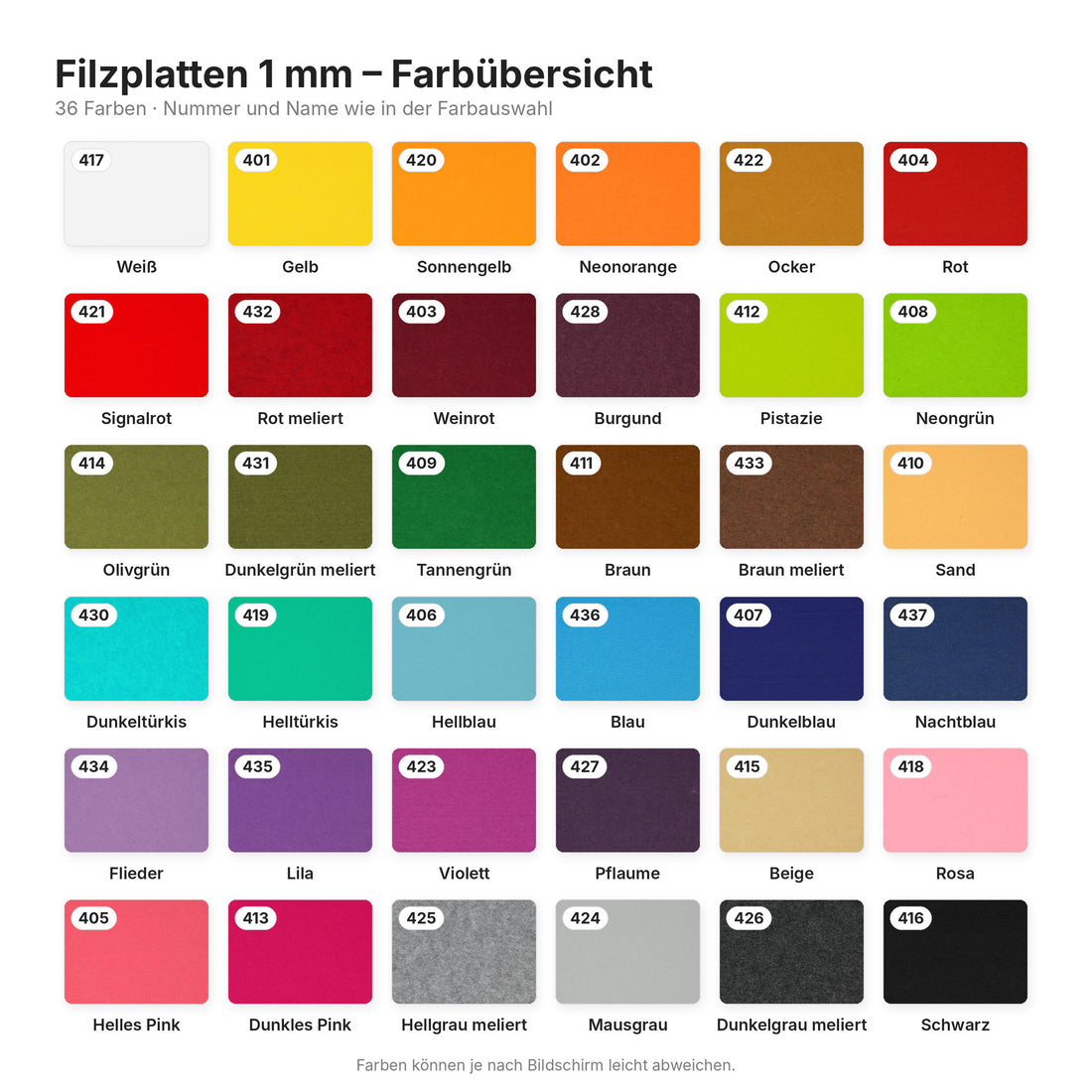 Filzplatten | 30 x 20 cm | 100% Polyester | 1 mm stark | vegan | große Farbauswahl