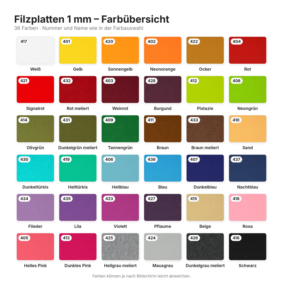 Filzplatten | 30 x 20 cm | 100% Polyester | 1 mm stark | vegan | große Farbauswahl
