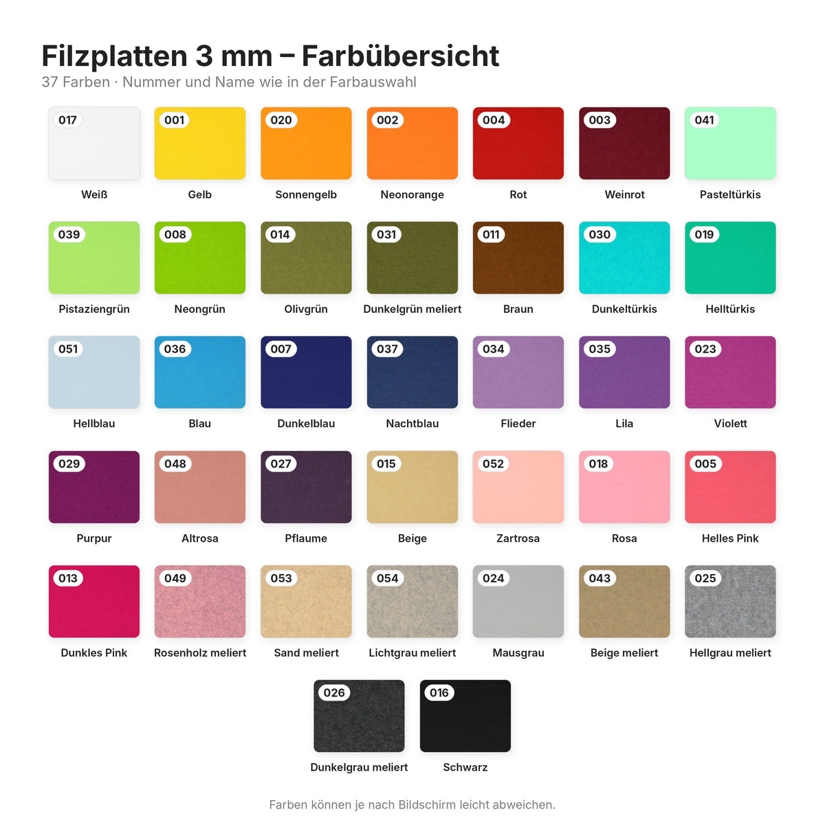 Filzplatten | 37 x 25 / 37 x 50 / 75 x 50 cm | 100% Polyester | 3mm stark | vegan | große Farbauswahl