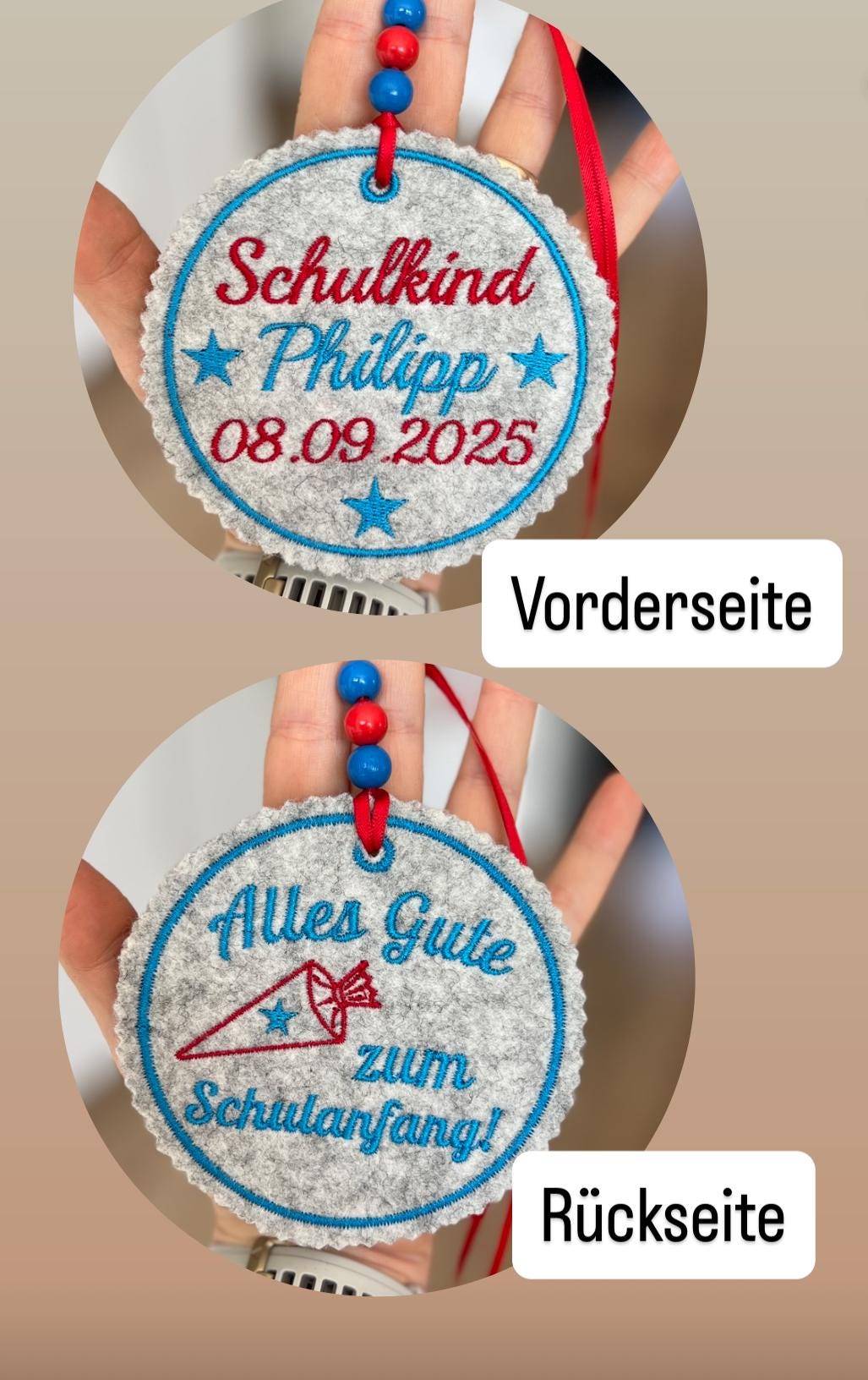 Personalisierter Anhänger für Schultüte |mit Name des Kindes und Datum der Einschulung hochwertig bestickt | zum Befestigen an Schultüte