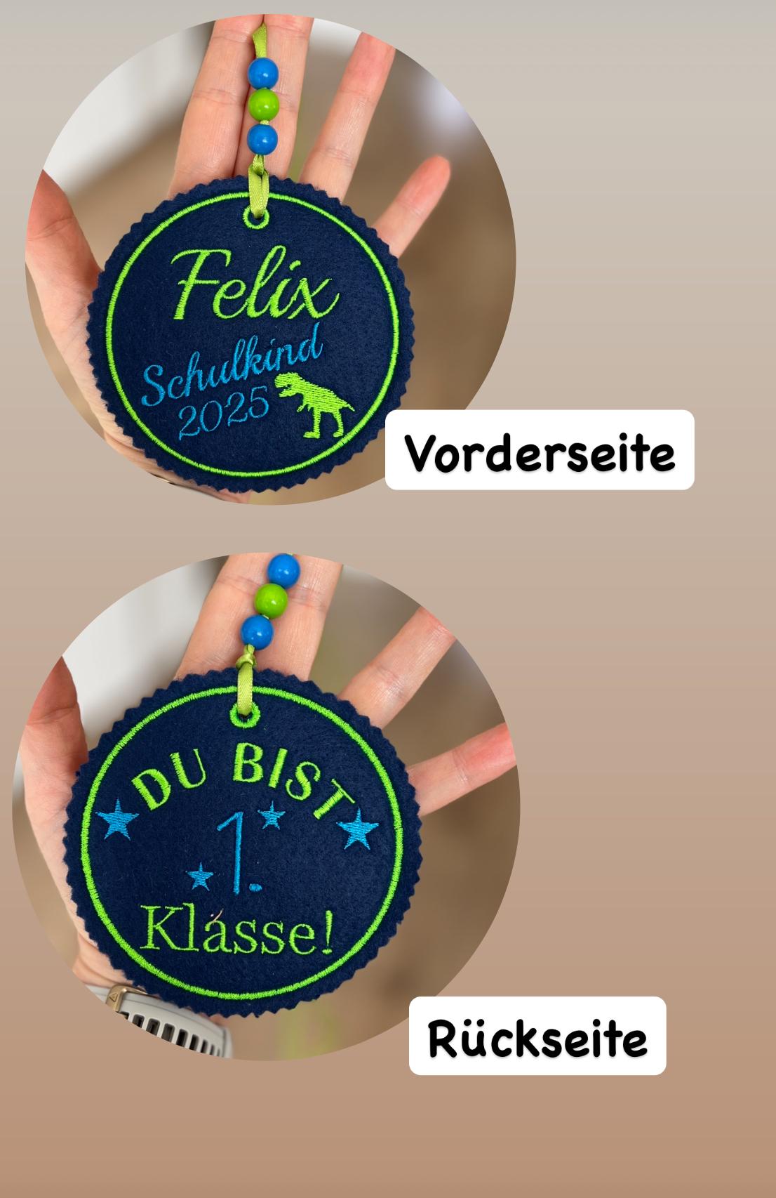 Personalisierter Anhänger für Schultüte |mit Name und Motiv hochwertig bestickt | zum Befestigen an der Schultüte oder Schulranzen Tornister