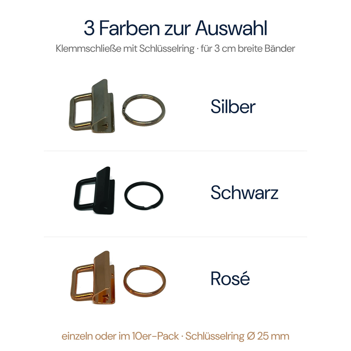 Klemmschließe mit Schlüsselring in Silber, Schwarz und Rosé
