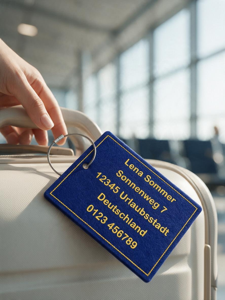 Kofferanhänger aus dunkelblauem Filz mit gelb gestickter Anschrift hängt am Griff eines hellen Koffers am Flughafen (KI-Visualisierung)