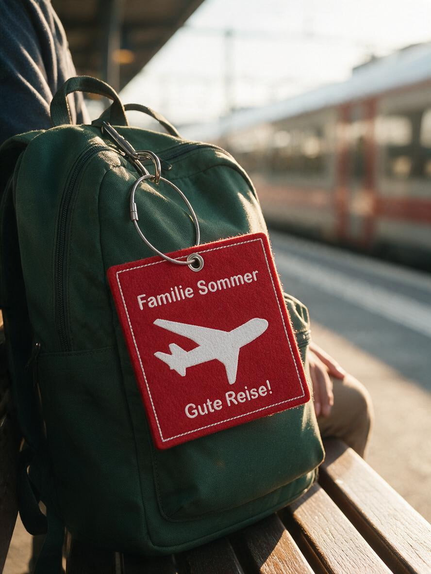 Roter Kofferanhänger aus Filz mit weiß gesticktem Flugzeug und „Familie Sommer – Gute Reise!“ am Rucksack auf dem Bahnsteig (KI-Visualisierung)