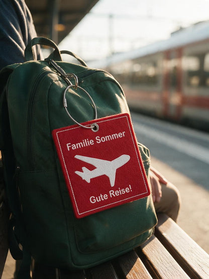 Roter Kofferanhänger aus Filz mit weiß gesticktem Flugzeug und „Familie Sommer – Gute Reise!“ am Rucksack auf dem Bahnsteig (KI-Visualisierung)