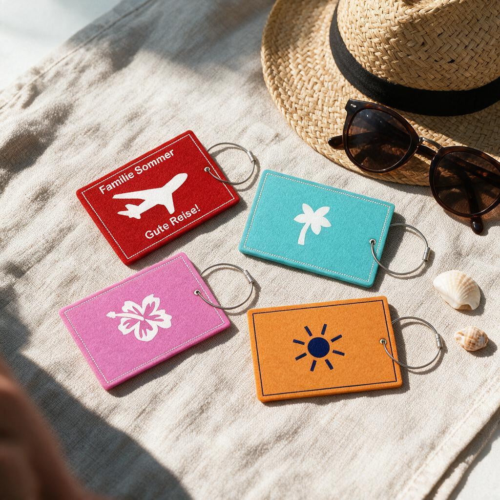 Vier bunte Kofferanhänger aus Filz in Rot, Türkis, Pink und Orange mit Flugzeug, Palme, Hibiskus und Sonne auf einem Strandtuch (KI-Visualisierung)