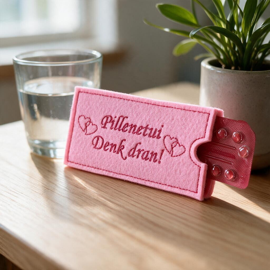 Pillenetui aus rosa Filz mit Aufschrift „Pillenetui Denk dran!“ und Tablettenblister auf Holztisch neben Wasserglas und Pflanze