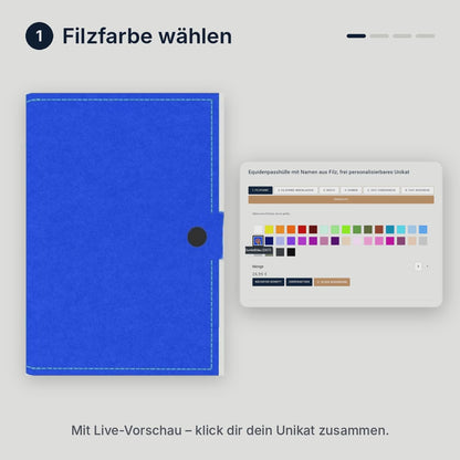Konfigurator Equidenpass-Hülle: Filzfarbe, Motiv, Garnfarbe und Namen wählen – mit Live-Vorschau