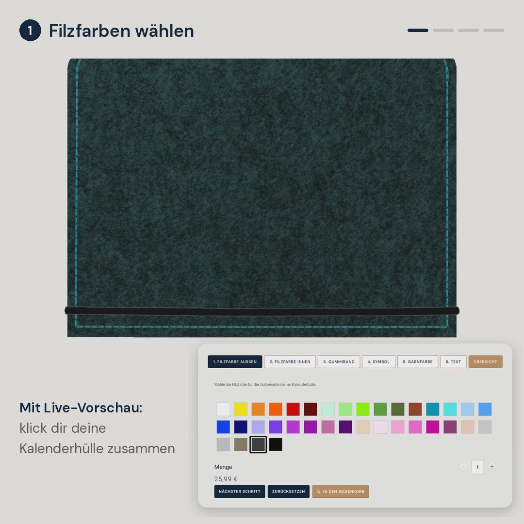 Konfigurator der Kalenderhülle A6: Filzfarben, Gummiband, Symbol, Garnfarbe und Text wählen – mit Live-Vorschau