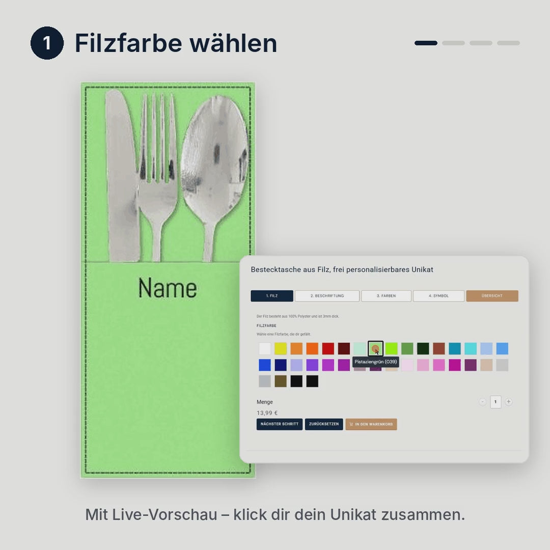 Konfigurator Bestecktasche: Filzfarbe, Garnfarbe, Schriftart und Namen wählen – mit Live-Vorschau