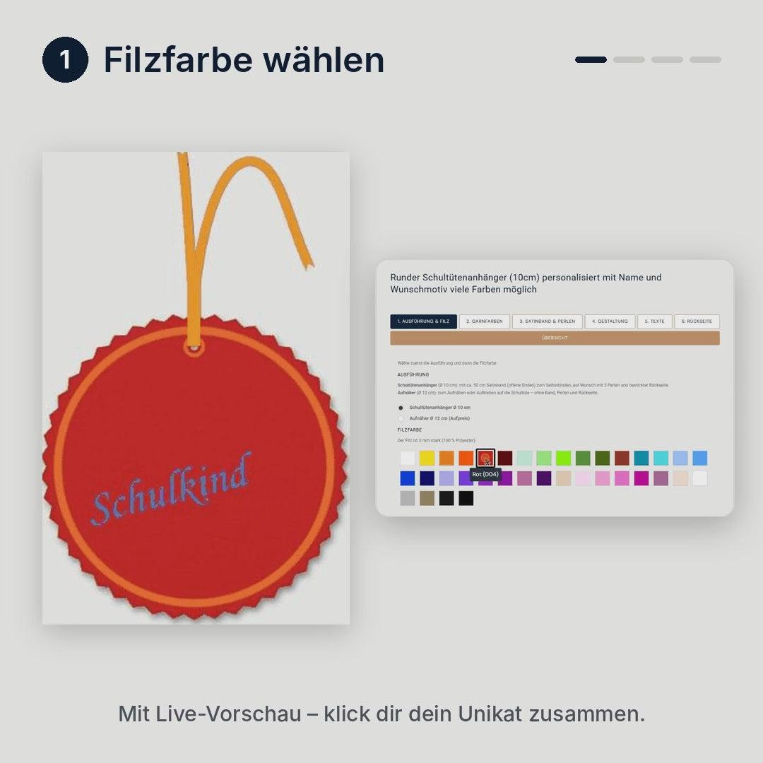 Konfigurator Schultütenanhänger: Filzfarbe, Garnfarben, Motiv sowie Name und Jahr wählen – mit Live-Vorschau