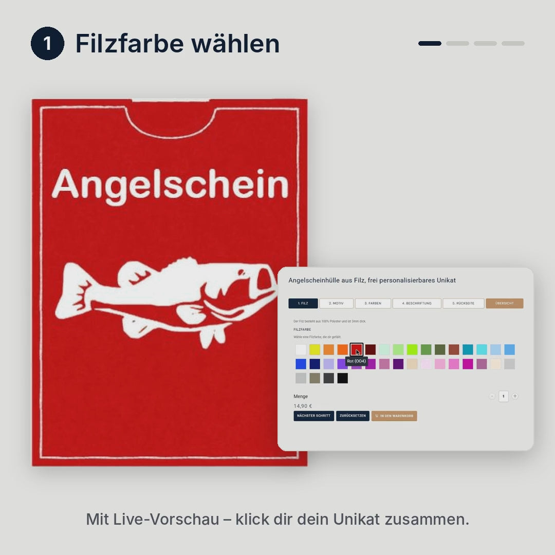Konfigurator Angelschein-Hülle: Filzfarbe, Motiv, Garnfarbe und Text wählen – mit Live-Vorschau