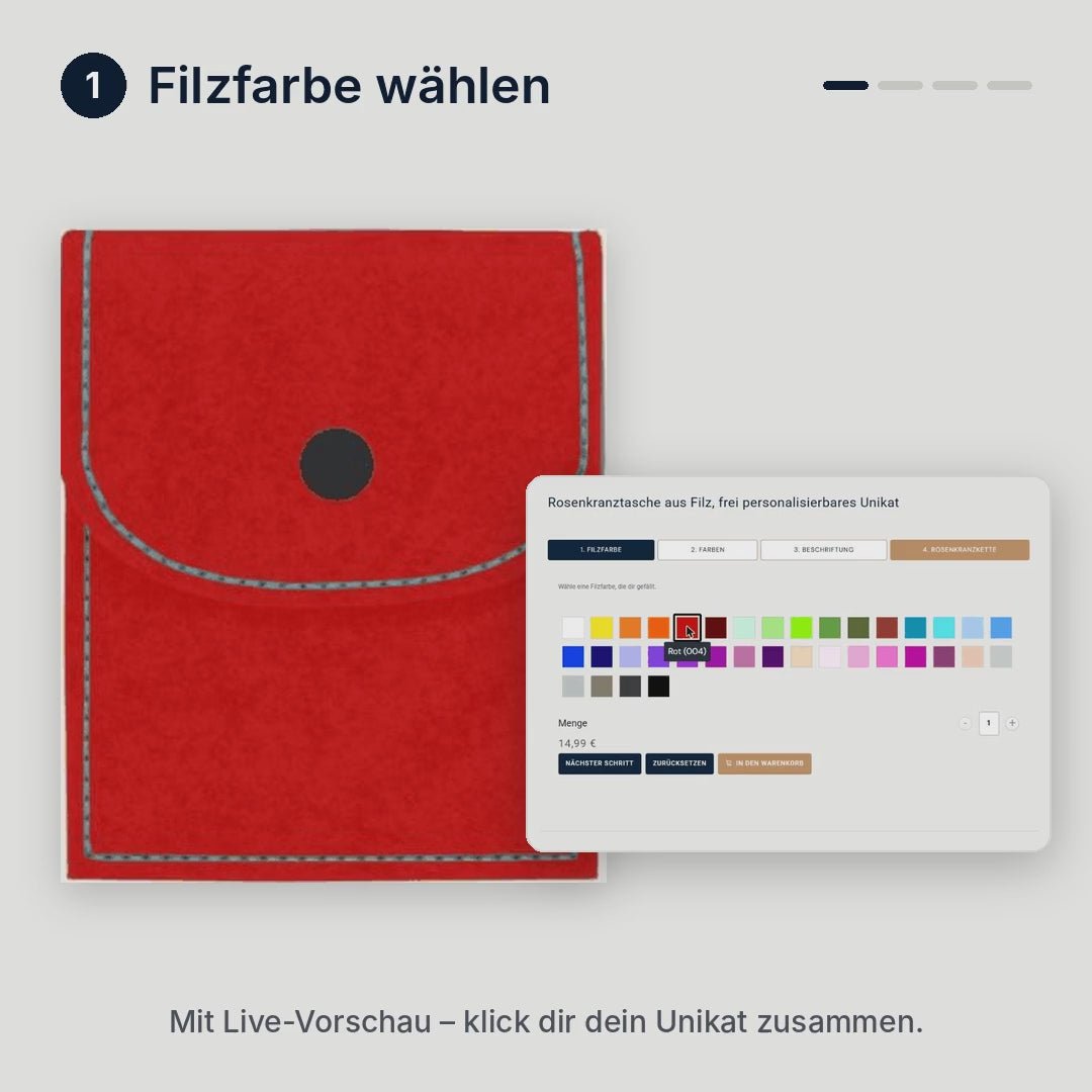 Konfigurator Rosenkranztasche: Filzfarbe, Garnfarbe, Druckknopf und Namen wählen – mit Live-Vorschau