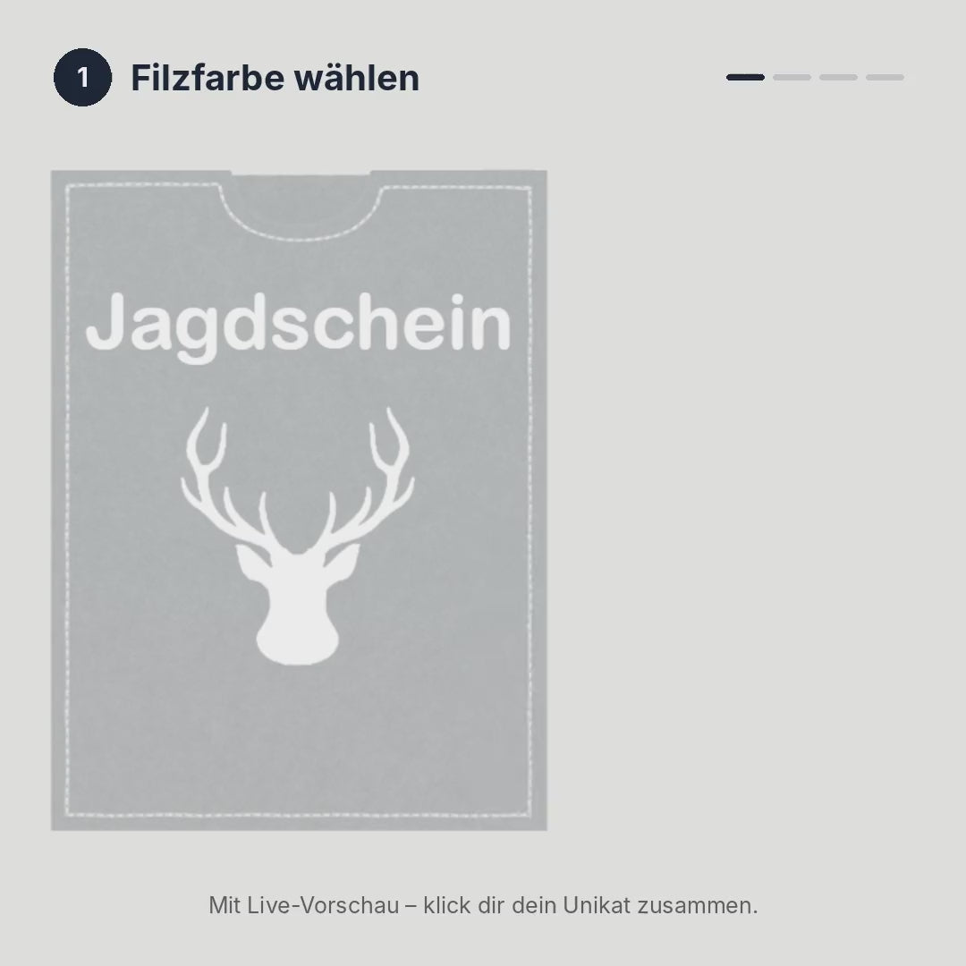 Konfigurator Jagdschein-Hülle: Filzfarbe, Motiv, Garnfarbe und Text wählen – mit Live-Vorschau