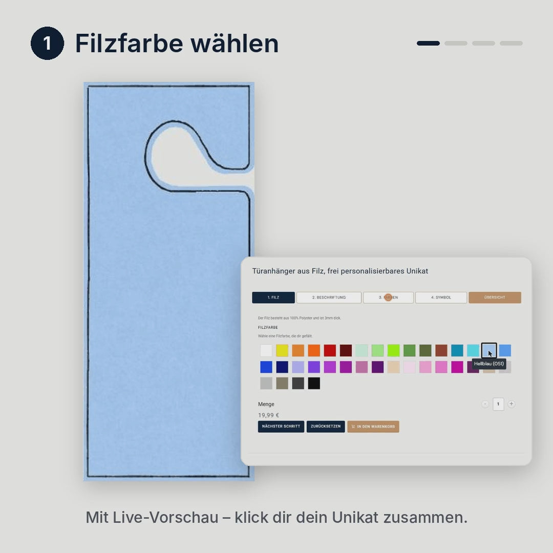 Konfigurator Türanhänger: Filzfarbe, Garnfarbe, Schriftart und Text wählen – mit Live-Vorschau