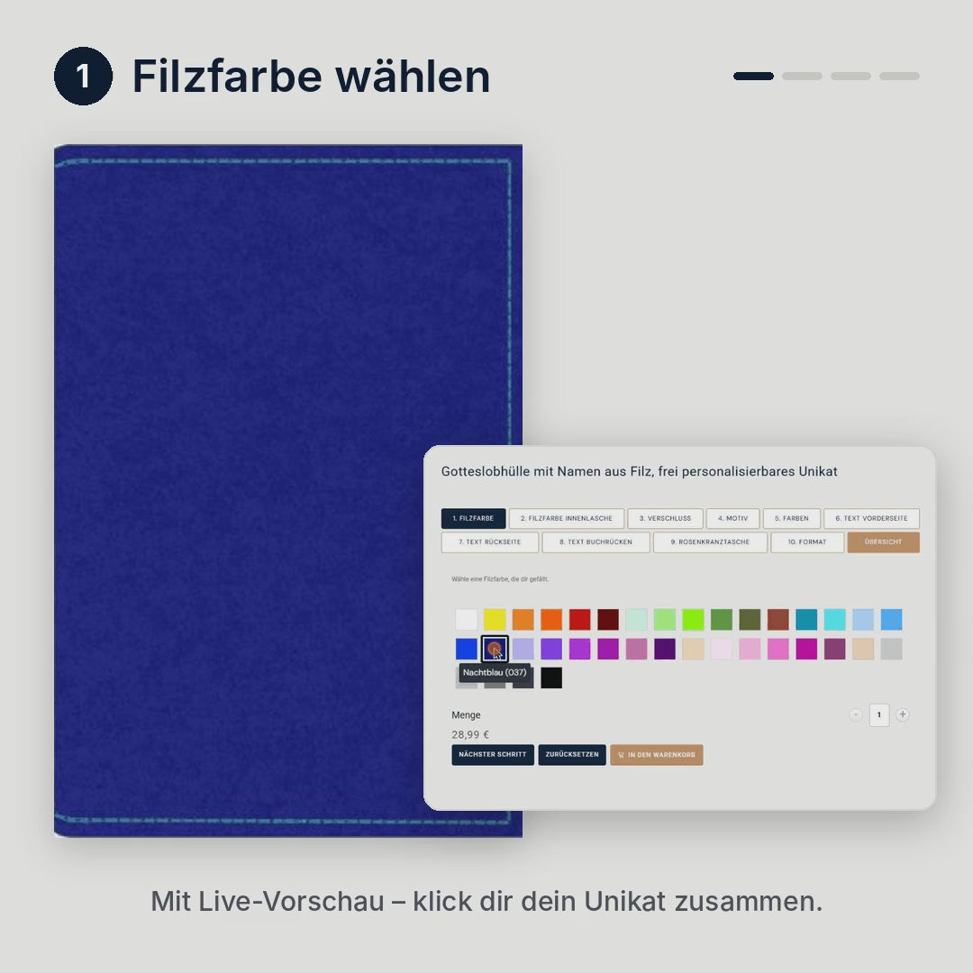 Konfigurator der Gotteslobhülle: Filzfarbe, Motiv, Garnfarbe und Namen wählen – mit Live-Vorschau