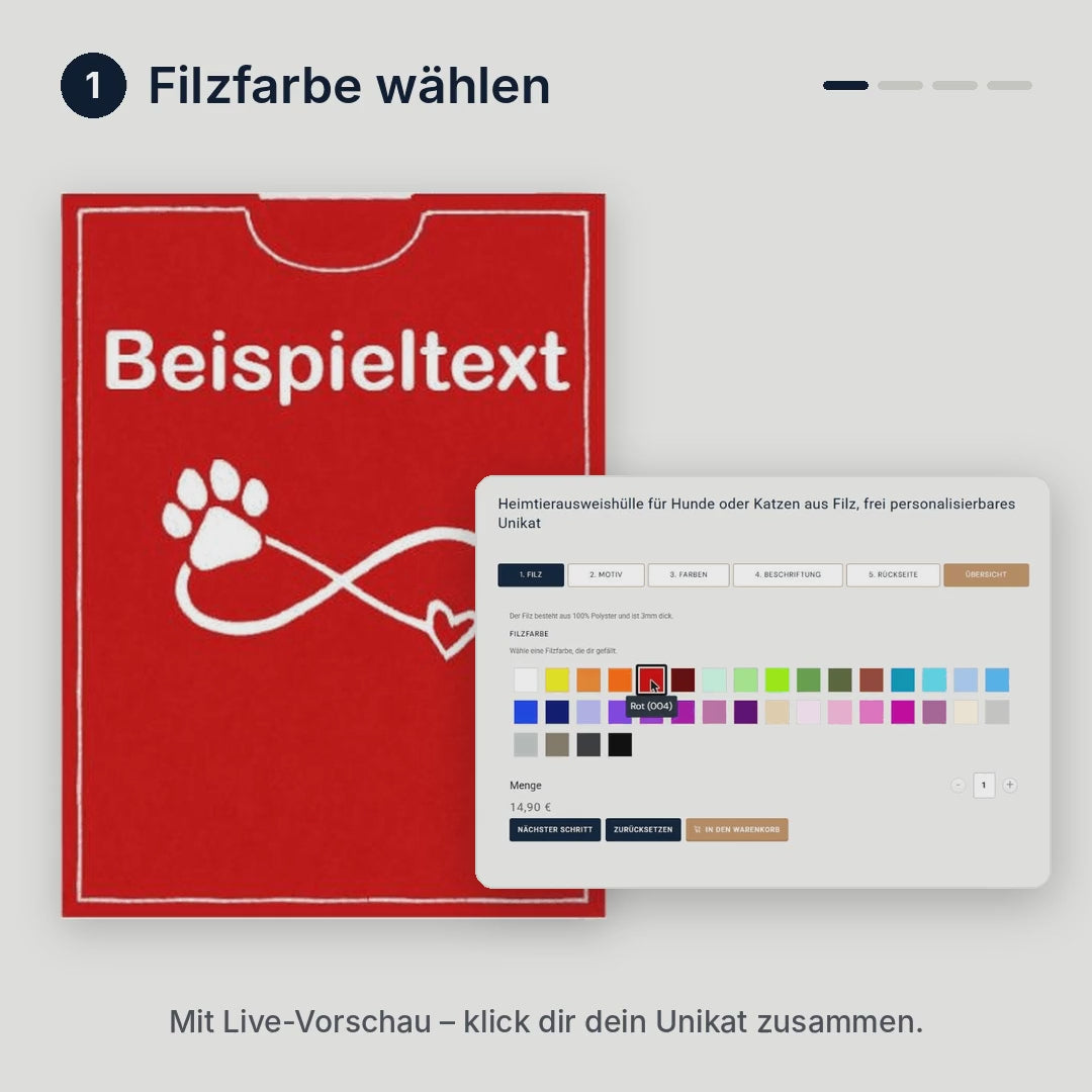 Konfigurator Heimtierausweis-Hülle: Filzfarbe, Motiv, Garnfarbe und Namen wählen – mit Live-Vorschau