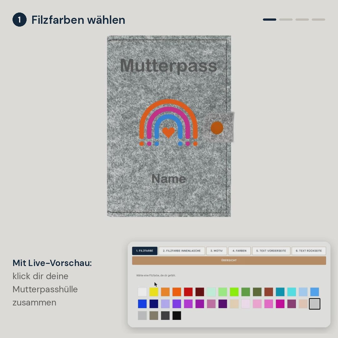 Konfigurator Mutterpasshülle: Filzfarbe, Innenlasche mit Ultraschallbild, Motiv, Garnfarben und Text wählen – mit Live-Vorschau