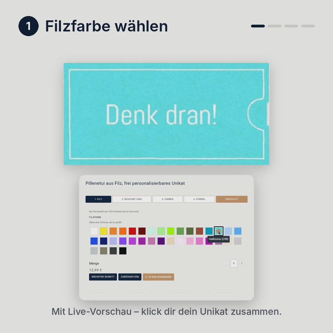 Konfigurator Pillenetui: Filzfarbe, Text, Garnfarbe und Schriftart wählen – mit Live-Vorschau