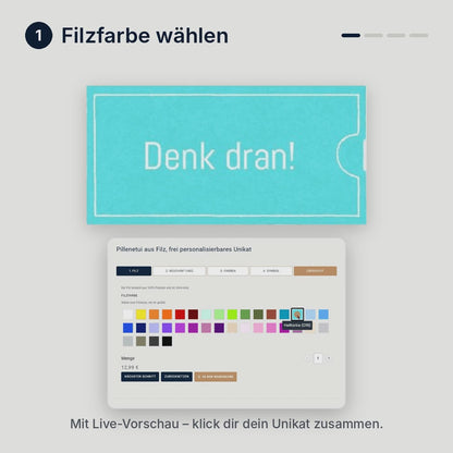 Konfigurator Pillenetui: Filzfarbe, Text, Garnfarbe und Schriftart wählen – mit Live-Vorschau