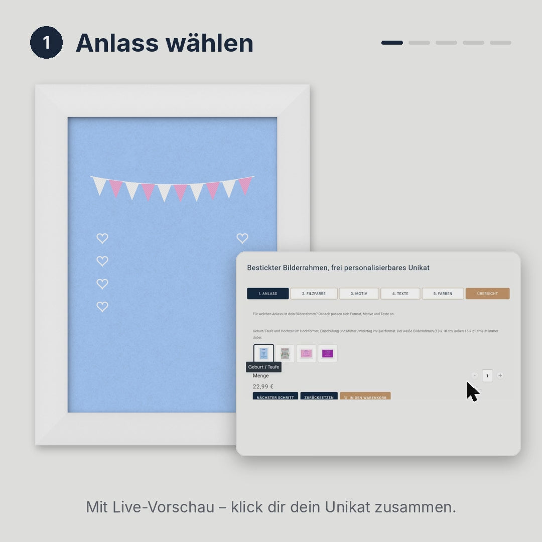 Konfigurator Bilderrahmen: Anlass, Filzfarbe, Motiv, Texte und Garnfarben wählen – mit Live-Vorschau