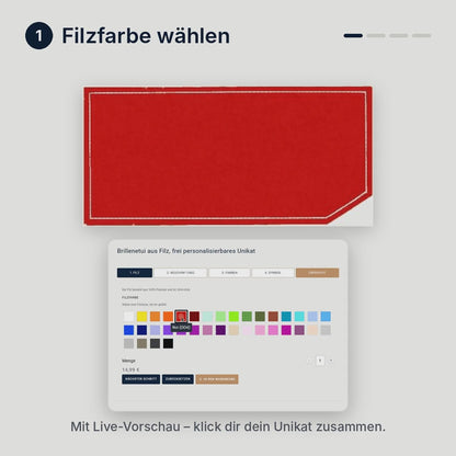 Konfigurator Brillenetui: Filzfarbe, Text, Garnfarbe und Schriftart wählen – mit Live-Vorschau