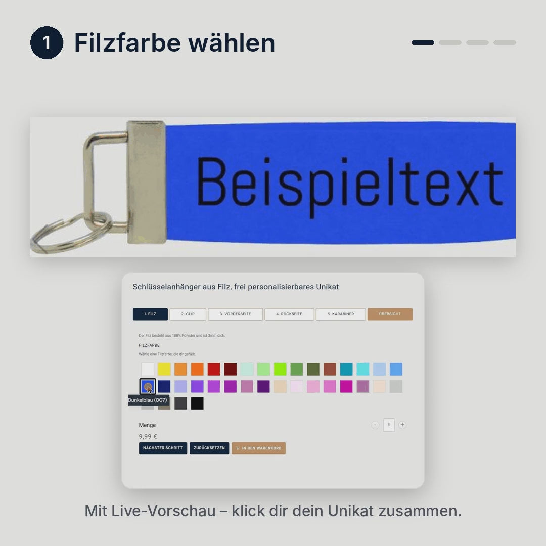 Konfigurator Schlüsselanhänger: Filzfarbe, Clip, Garnfarbe und Text wählen – mit Live-Vorschau