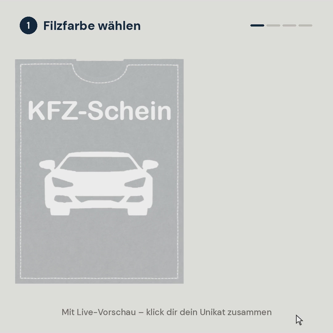 Konfigurator Fahrzeugscheinhülle: Filzfarbe, Motiv, Garnfarbe und Text wählen – mit Live-Vorschau