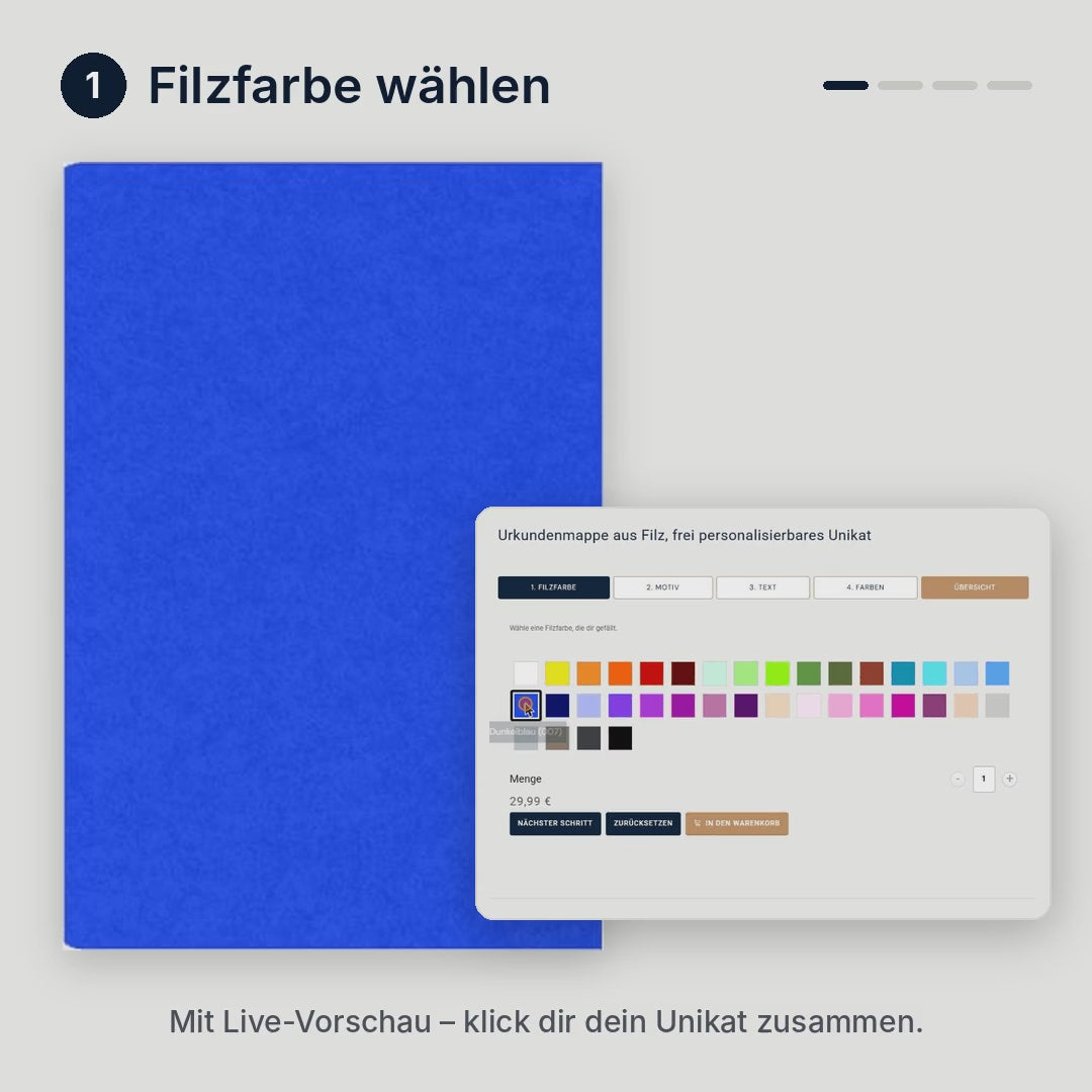 Konfigurator Urkundenmappe: Filzfarbe, Motiv, Text und Garnfarben wählen – mit Live-Vorschau