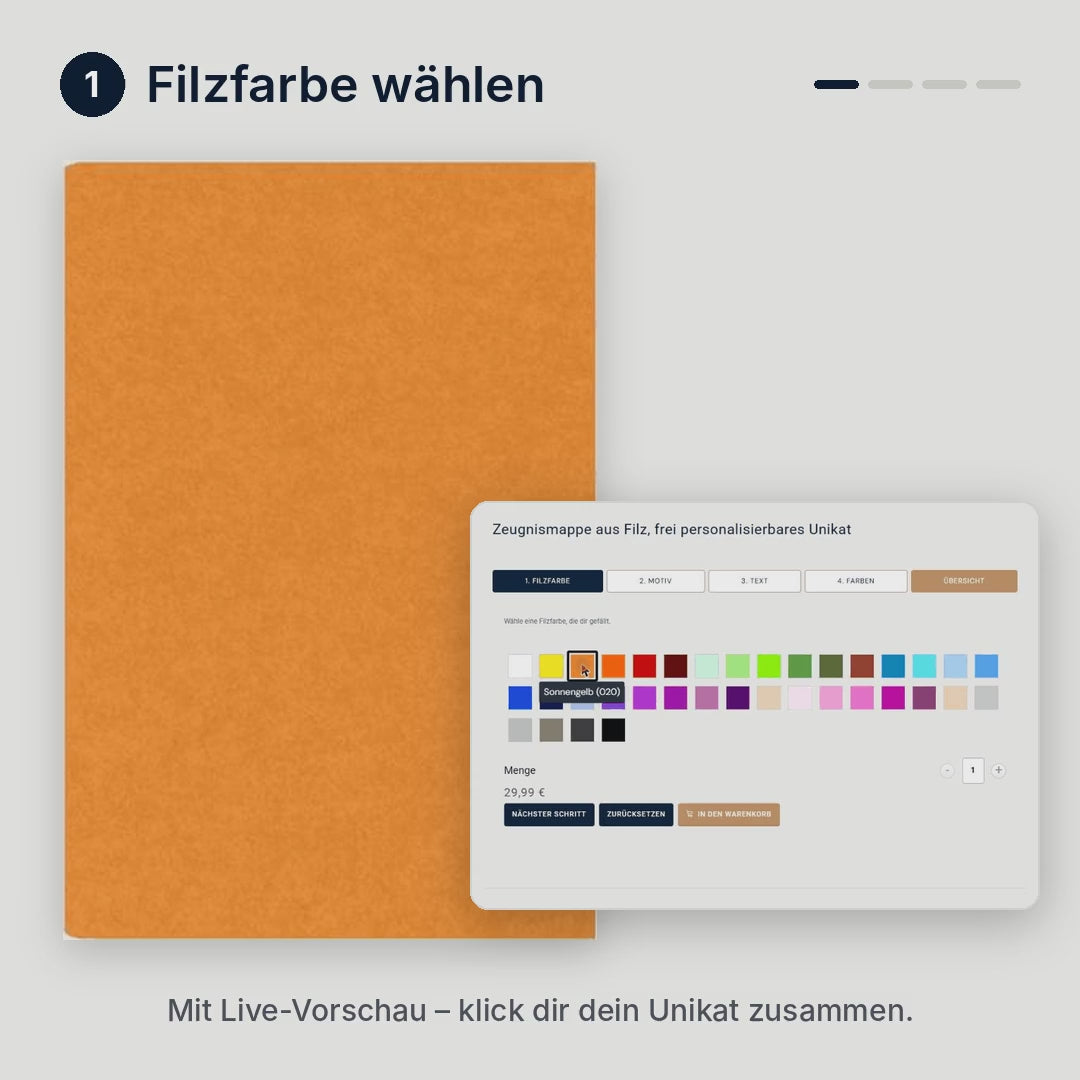 Konfigurator Zeugnismappe: Filzfarbe, Motiv, Text und Garnfarben wählen – mit Live-Vorschau