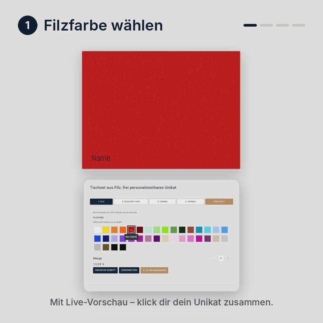 Konfigurator Tischset: Filzfarbe, Garnfarbe, Schriftart und Namen wählen – mit Live-Vorschau
