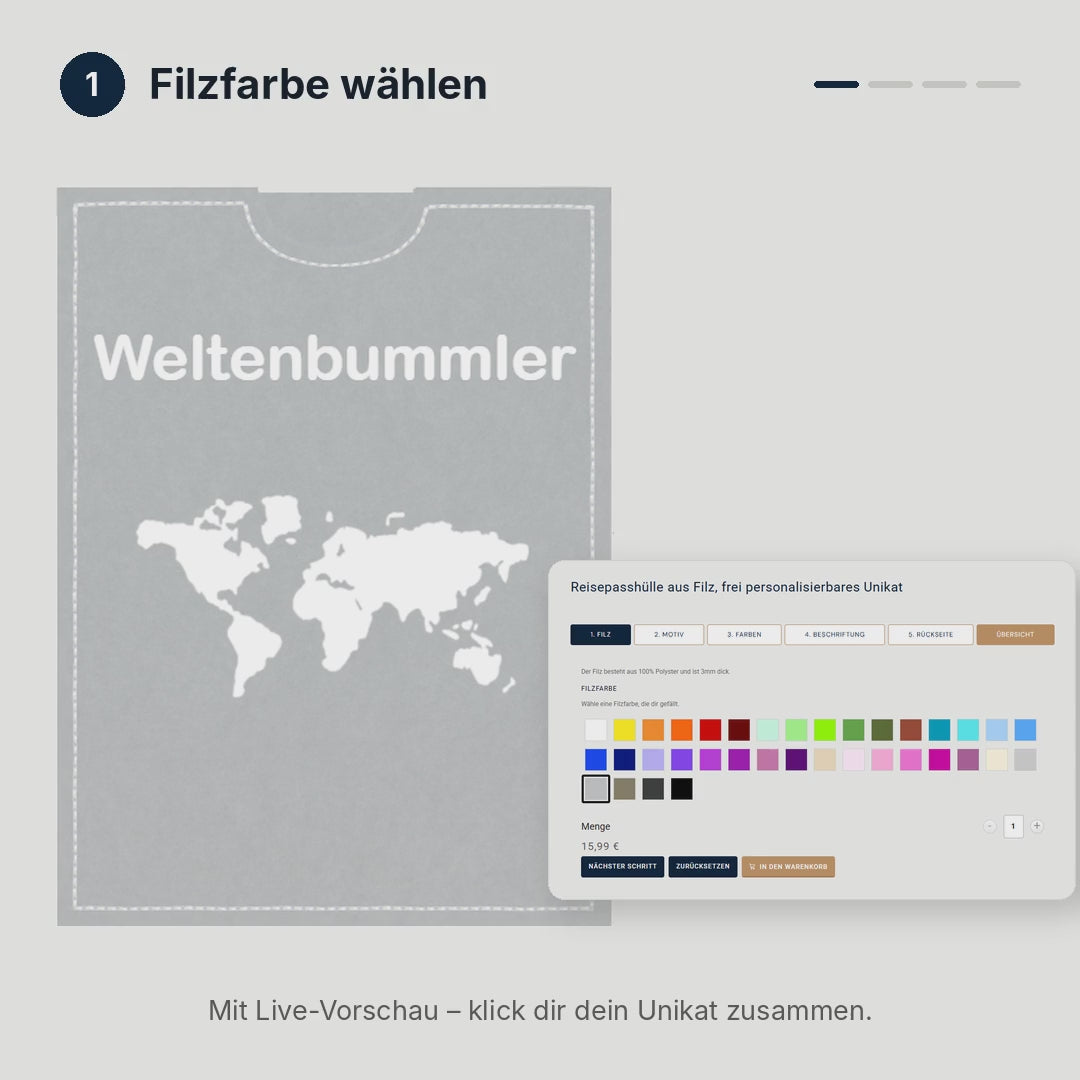 Konfigurator Reisepass-Hülle: Filzfarbe, Motiv, Garnfarbe und Text wählen – mit Live-Vorschau